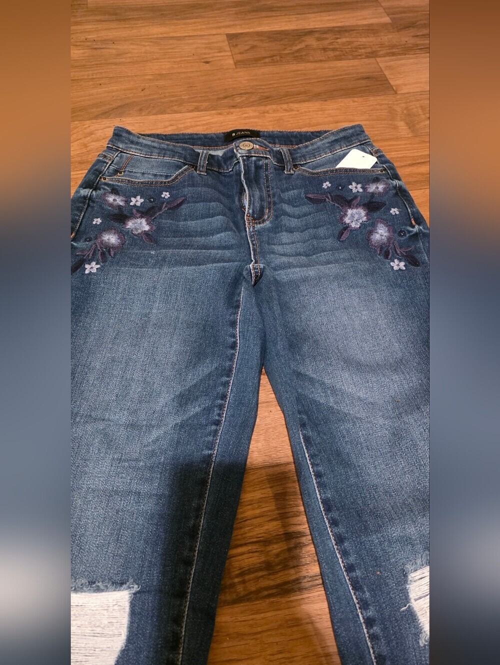 Women’s Blue Denim Jeans with Floral Embroidery